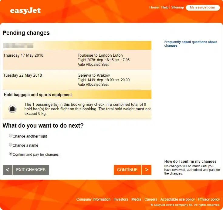 easyJet搭乗便の変更（変更の確認）
