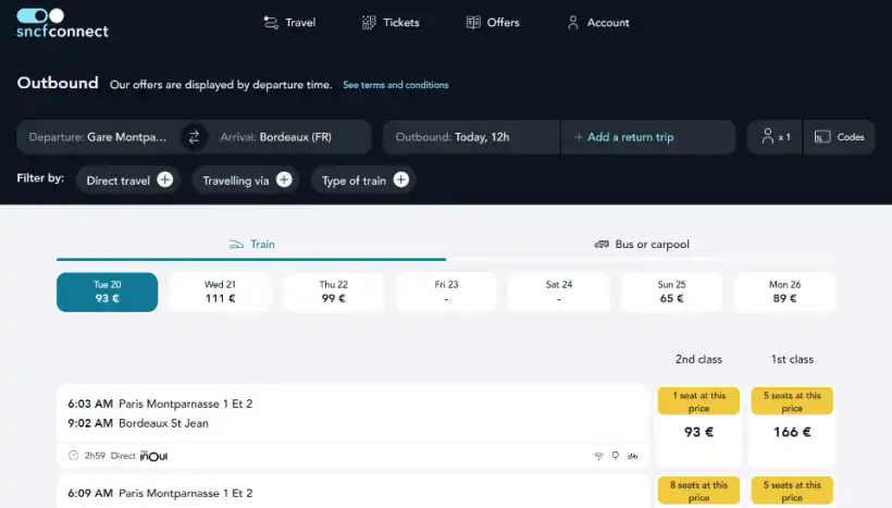 SNCFの当日の便の検索