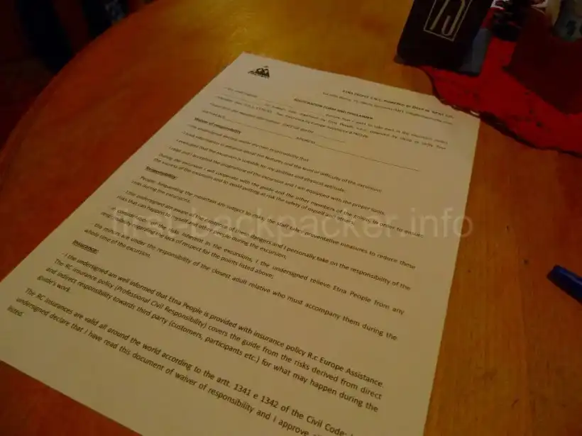 シチリア・Etna Peopleツアーの宣誓書