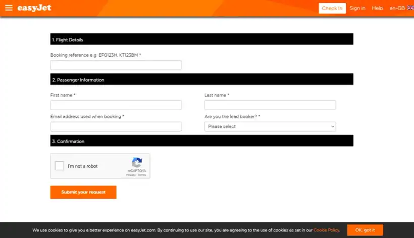 easyJetの返金リクエストフォーム