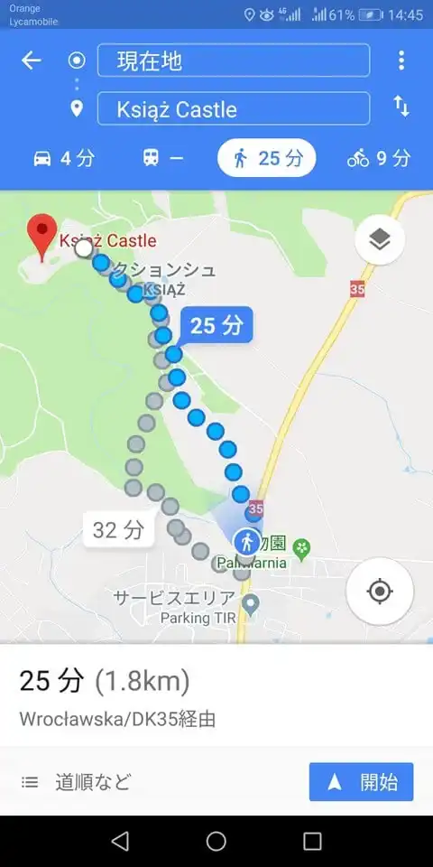 クションシュ城への道のり・Google Maps