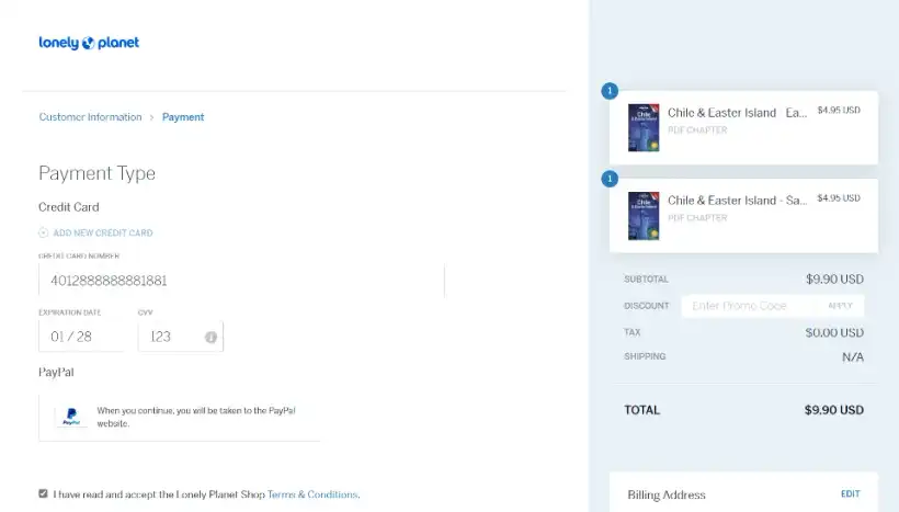 ロンリープラネット公式ショップの決済情報入力画面