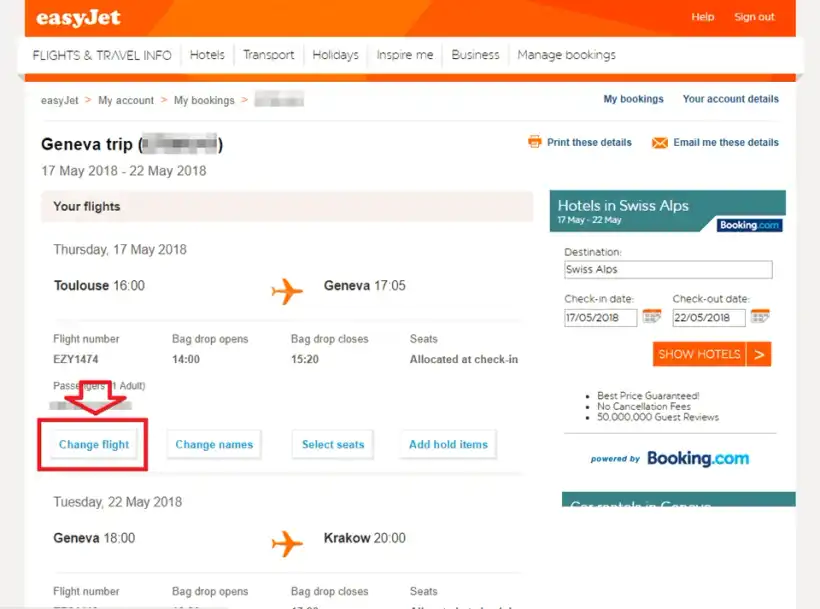 easyJet Manage Bookingの画面