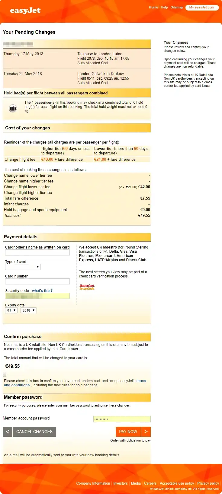 easyJet搭乗便の変更（手数料の支払い）