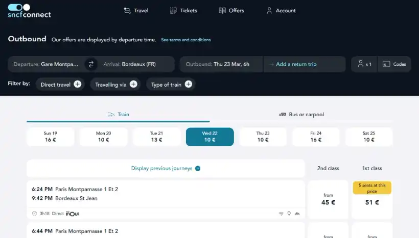 SNCFの3ヵ月後の便の検索