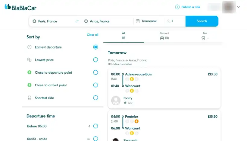 ブラブラカーの検索画面