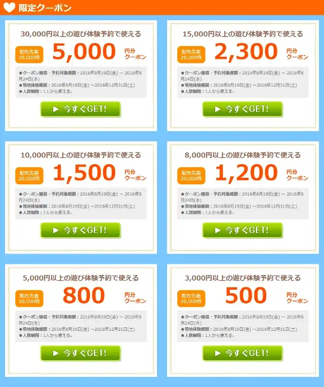 じゃらん 遊び・体験予約のクーポン