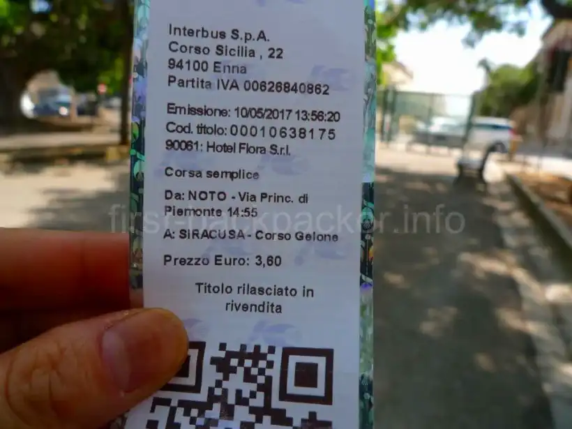 イタリア・ノートからシラクーサまでの片道バスチケット
