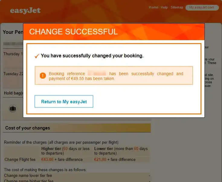 easyJet搭乗便の変更（予約完了画面）