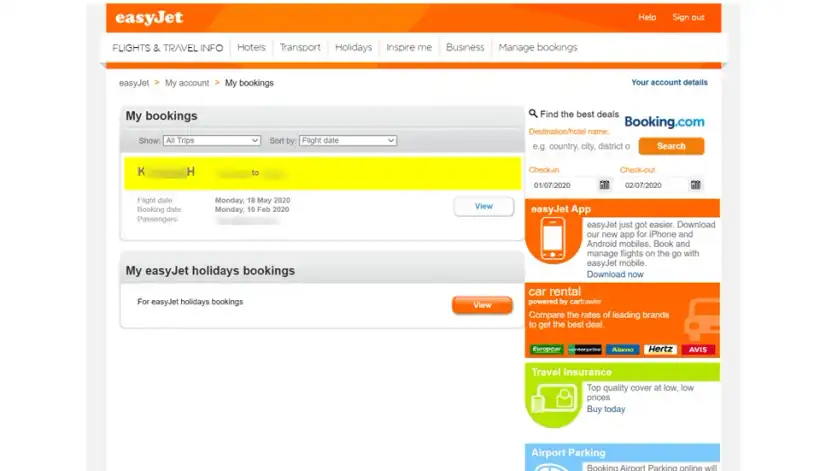 easyJetのmy bookingsページ