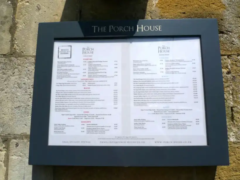 ストウ＝オン＝ザ＝ウォルドのThe Porch Houseのレストランメニュー