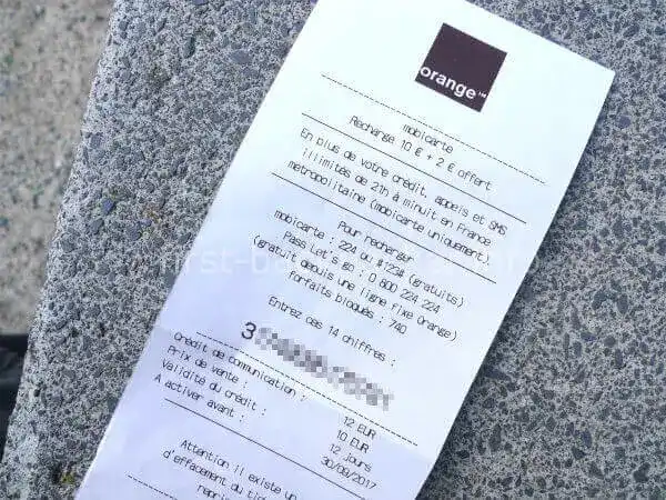 フランス・Orangeのプリペイドのレシート