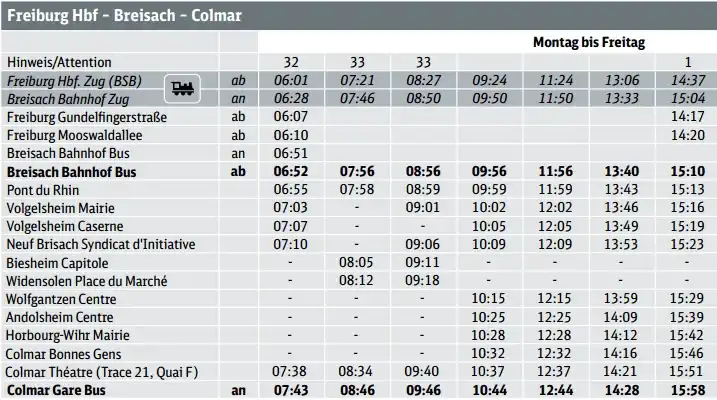 フライブルク・コルマール間の時刻表