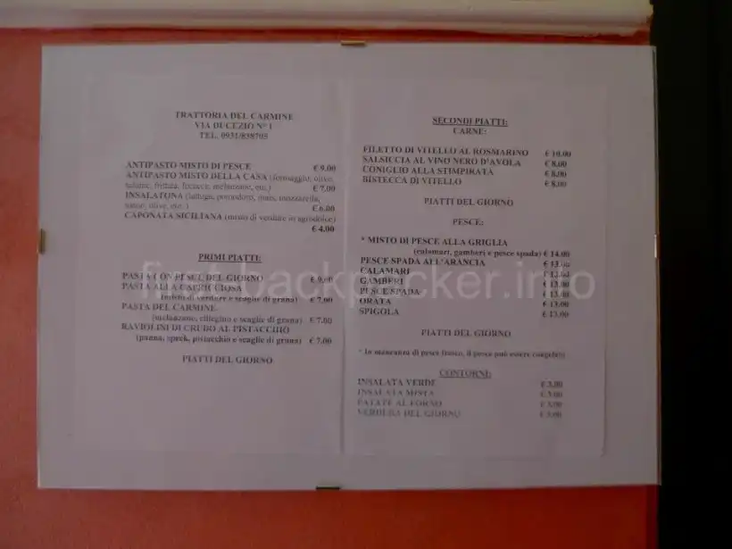 イタリア・ノートのトラットリア「デル・カルミーレ」のメニュー