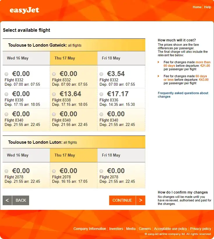 easyJet搭乗便の変更（変更便の選択）